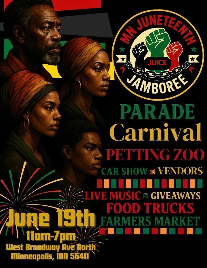 A family of four — elder, mother, daughter, son — set against the Pan-African colors and the MN Juneteenth Jamboree emblem.